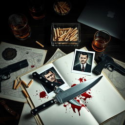 A moody and dramatic still life scene inspired by a crime noir theme, with a focus on detective elements