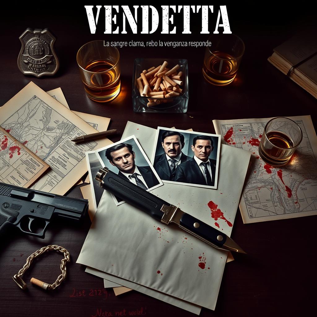 A moody and dramatic still life scene inspired by a crime noir theme, with a focus on detective elements