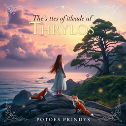 A captivating book cover design featuring a mystical landscape of the Island of Thrylos