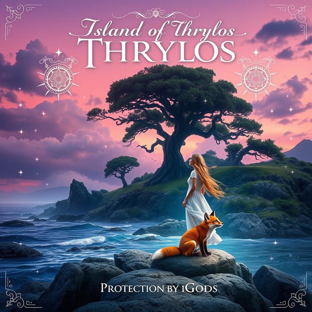 A captivating book cover design featuring a mystical landscape of the Island of Thrylos