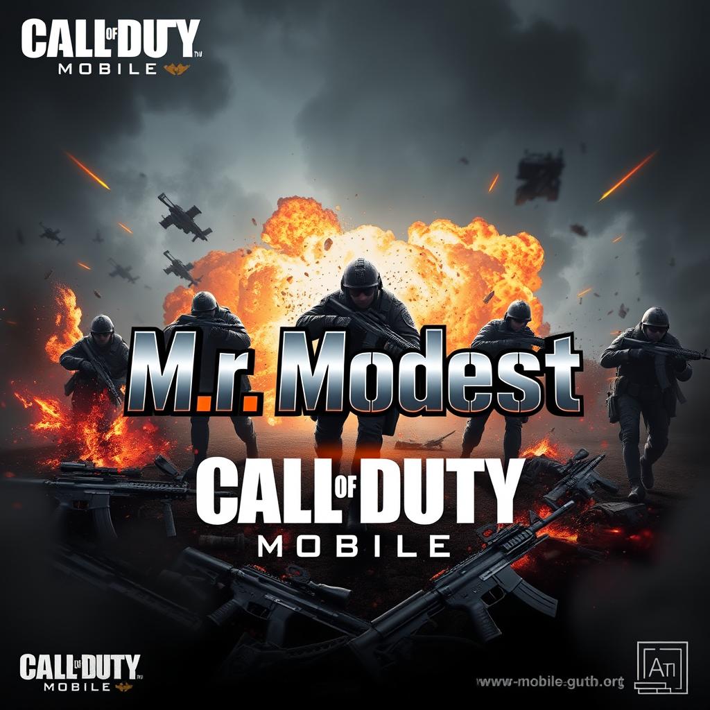 An eye-catching channel art design for Call of Duty Mobile featuring an explosive battlefield scene with soldiers in action, military equipment, and iconic weapons