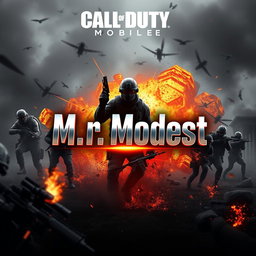 An eye-catching channel art design for Call of Duty Mobile featuring an explosive battlefield scene with soldiers in action, military equipment, and iconic weapons