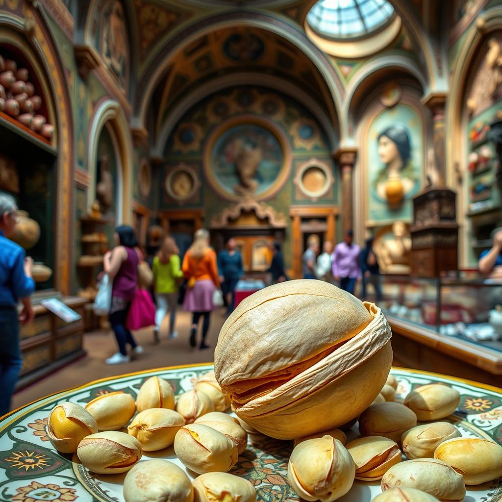 A vibrant and detailed photograph of a pistachio in a Turkish museum, showcasing the unique architecture and decor of the museum