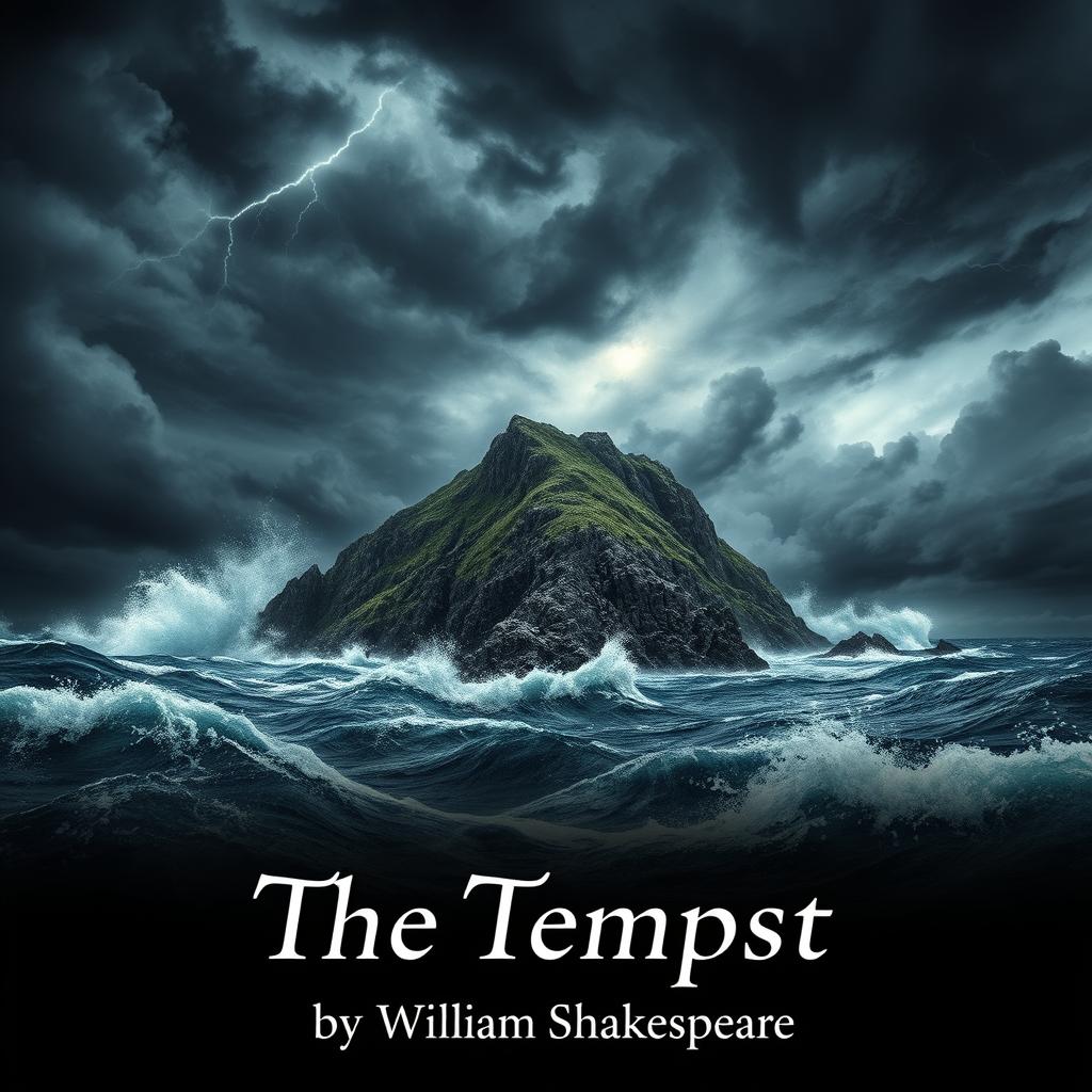 A powerful and dramatic scene depicting a stormy island inspired by Shakespeare's "The Tempest"