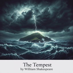 A powerful and dramatic scene depicting a stormy island inspired by Shakespeare's "The Tempest"