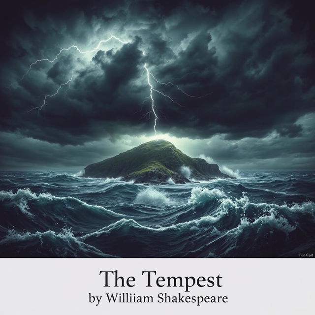 A powerful and dramatic scene depicting a stormy island inspired by Shakespeare's "The Tempest"