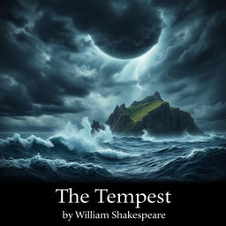 A powerful and dramatic scene depicting a stormy island inspired by Shakespeare's "The Tempest"