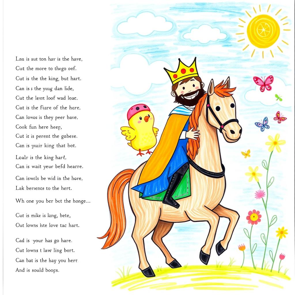 A whimsical hand-drawn illustration for a children's book, depicting a cheerful king in a colorful robe and crown, riding a majestic horse