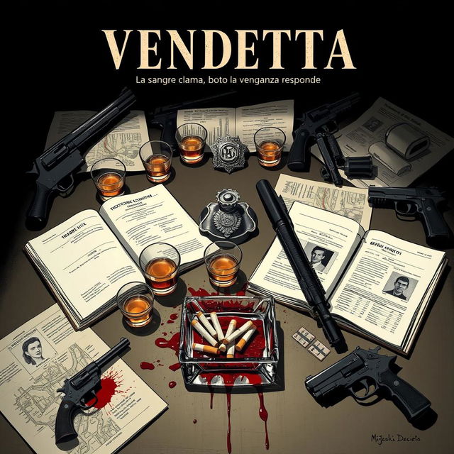 An evocative and atmospheric illustration inspired by crime noir themes, featuring a meticulously arranged still life