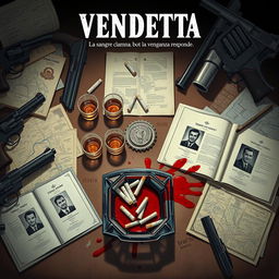 An evocative and atmospheric illustration inspired by crime noir themes, featuring a meticulously arranged still life