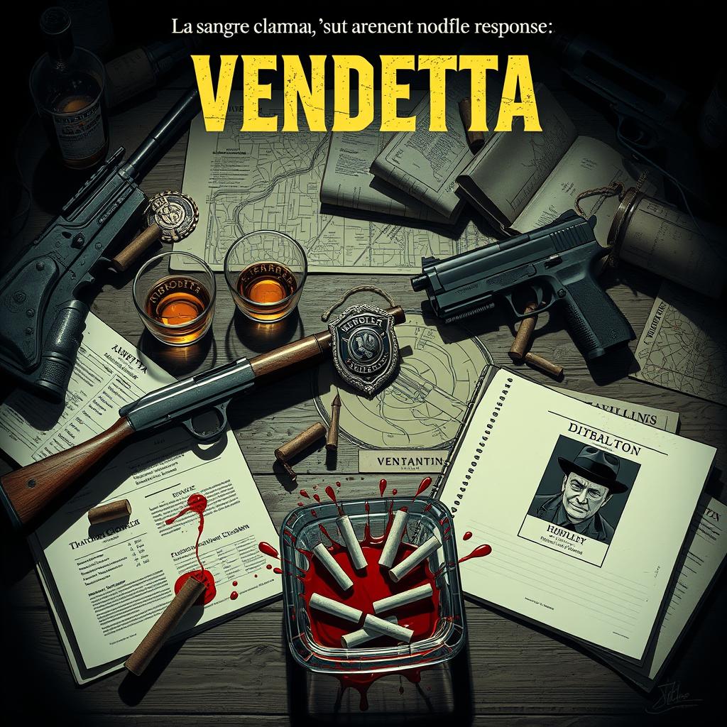 An evocative and atmospheric illustration inspired by crime noir themes, featuring a meticulously arranged still life