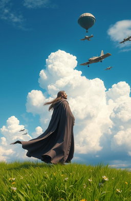 A majestic mage standing confidently in the middle of a lush green grassland, with a long flowing robe that dances in the wind