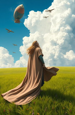 A majestic mage standing confidently in the middle of a lush green grassland, with a long flowing robe that dances in the wind