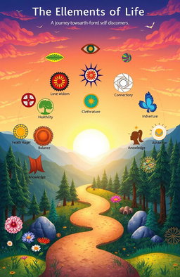 An illustrative representation of the 12 elements of life that highlight a journey towards self-discovery and fulfillment