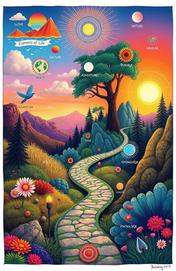 An illustrative representation of the 12 elements of life that highlight a journey towards self-discovery and fulfillment