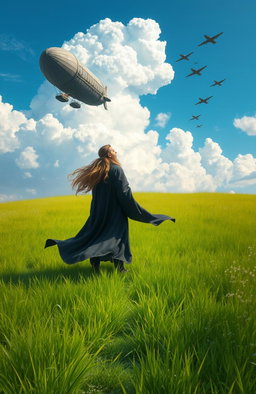 A majestic mage standing confidently in the middle of a lush green grassland, with a long flowing robe that dances in the wind
