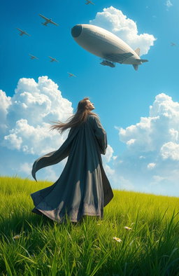 A majestic mage standing confidently in the middle of a lush green grassland, with a long flowing robe that dances in the wind
