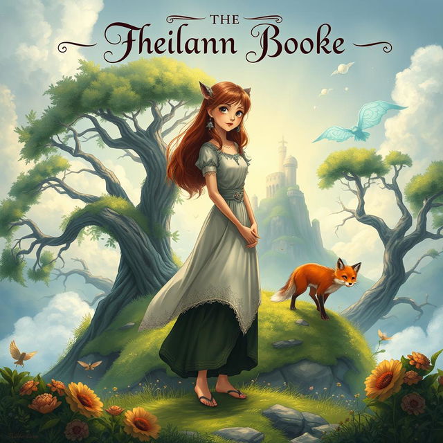 A captivating and beautifully illustrated book cover featuring a female protagonist standing on a mystical island, with lush greenery and ancient trees surrounding her
