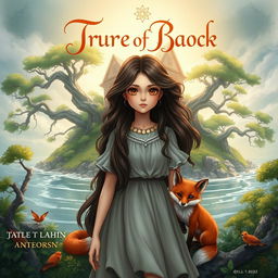A captivating and beautifully illustrated book cover featuring a female protagonist standing on a mystical island, with lush greenery and ancient trees surrounding her