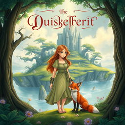 A captivating and beautifully illustrated book cover featuring a female protagonist standing on a mystical island, with lush greenery and ancient trees surrounding her