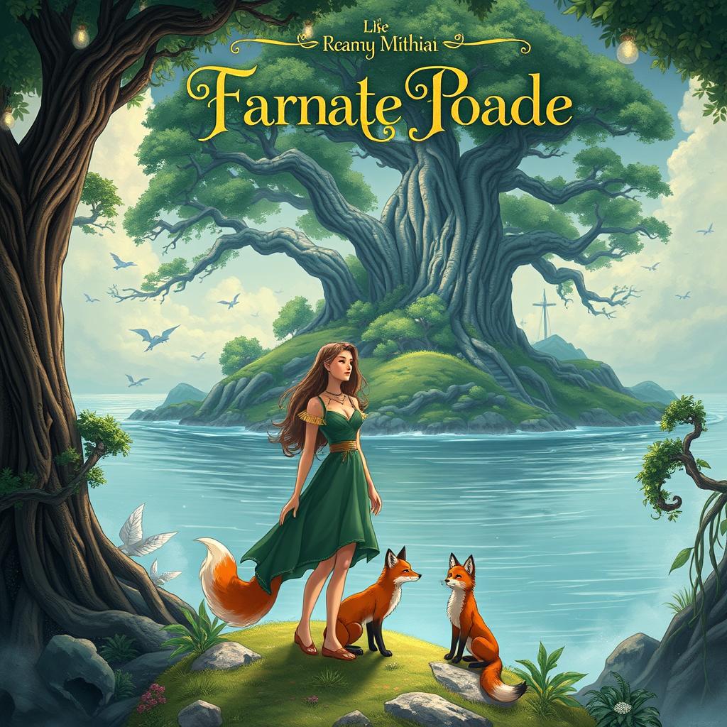 A captivating and beautifully illustrated book cover featuring a female protagonist standing on a mystical island, with lush greenery and ancient trees surrounding her
