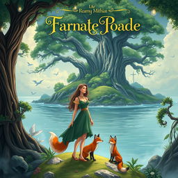 A captivating and beautifully illustrated book cover featuring a female protagonist standing on a mystical island, with lush greenery and ancient trees surrounding her