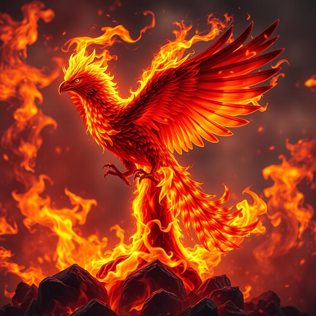 A legendary fiery bird, majestic and mythical, representing the protector of the number 1, with vibrant flames in the background