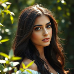 A beautiful portrait of an Iranian woman inspired by the features of Behnoosh Bakhtyari, set in a serene natural environment