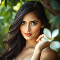 A beautiful portrait of an Iranian woman inspired by the features of Behnoosh Bakhtyari, set in a serene natural environment