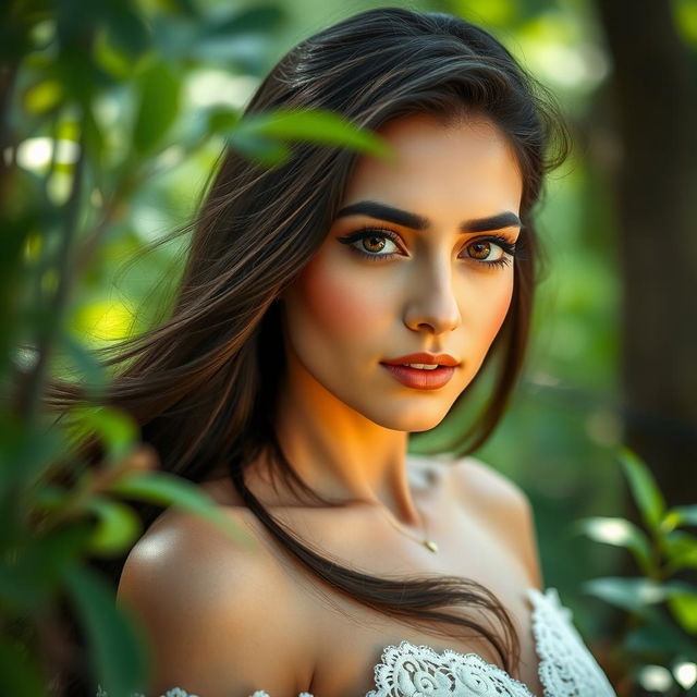 A beautiful portrait of an Iranian woman inspired by the features of Behnoosh Bakhtyari, set in a serene natural environment