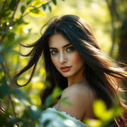 A beautiful portrait of an Iranian woman inspired by the features of Behnoosh Bakhtyari, set in a serene natural environment