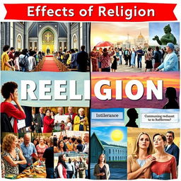 A collage illustrating the effects of religion, divided into two sections: positive effects on one side and negative effects on the other