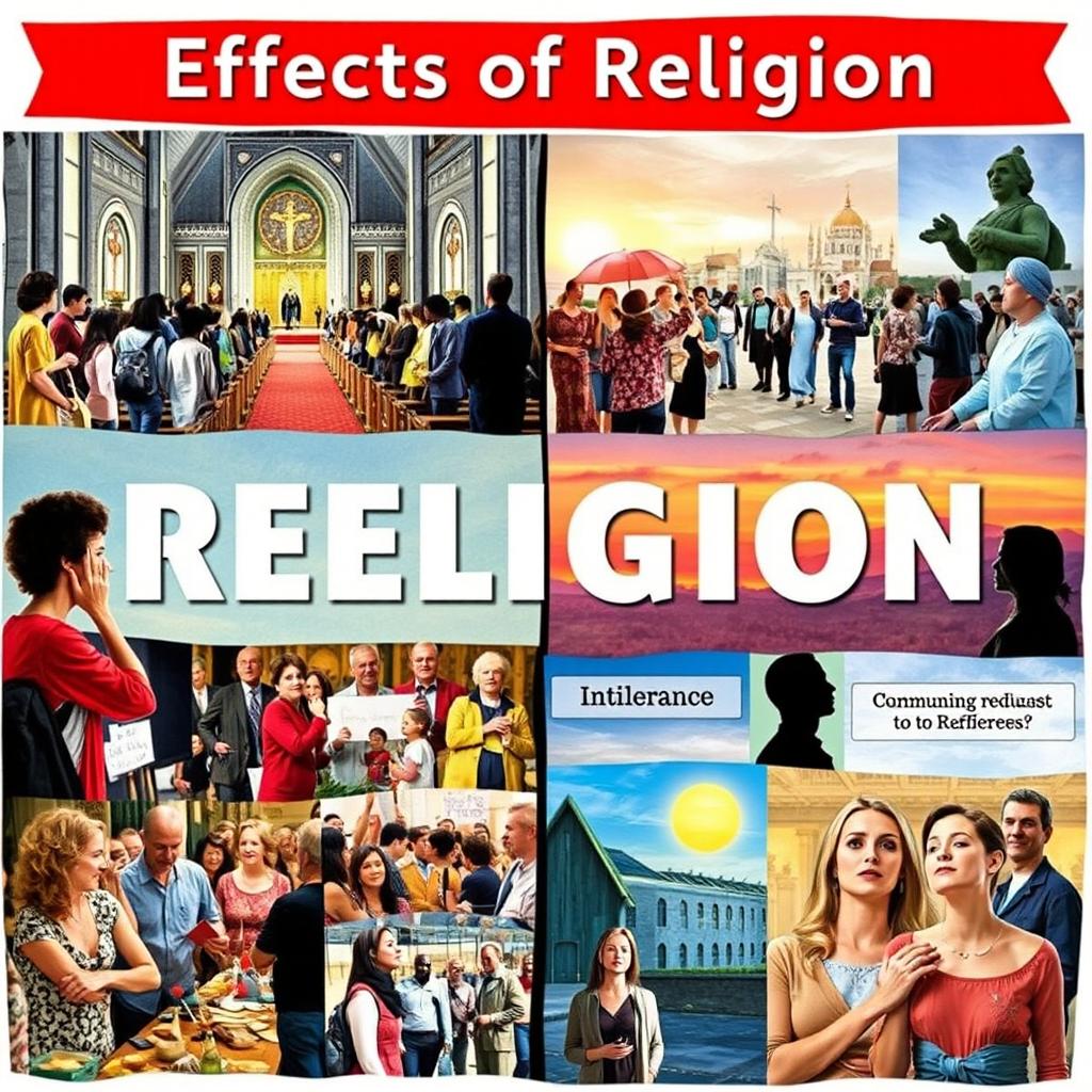 A collage illustrating the effects of religion, divided into two sections: positive effects on one side and negative effects on the other