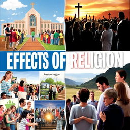 A collage illustrating the effects of religion, divided into two sections: positive effects on one side and negative effects on the other