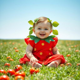 A cute baby wearing a playful tomato-themed dress
