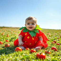 A cute baby wearing a playful tomato-themed dress