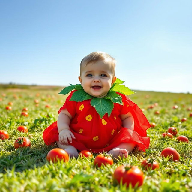A cute baby wearing a playful tomato-themed dress