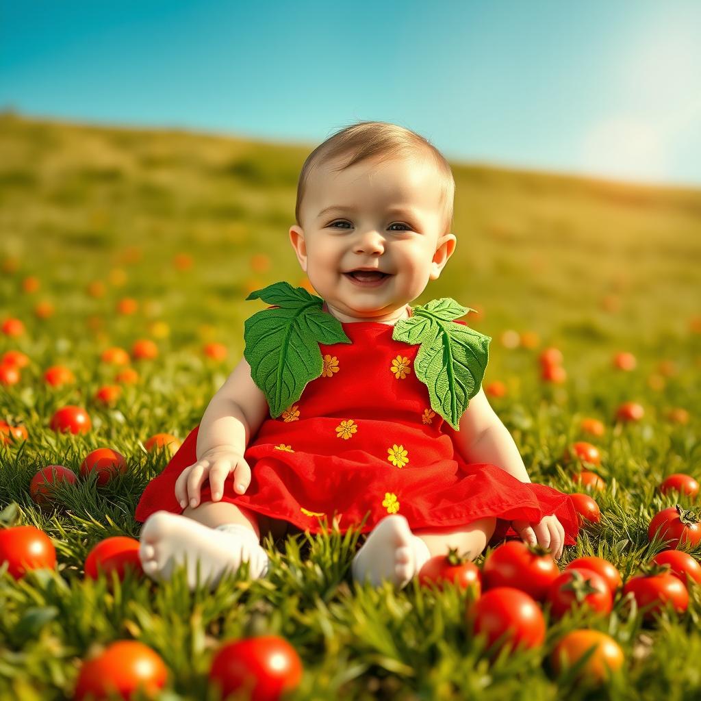 A cute baby wearing a playful tomato-themed dress