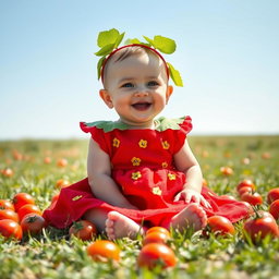 A cute baby wearing a playful tomato-themed dress