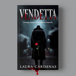 A dark and mysterious book cover for the title 'VENDETTA: la sangre clama, pero la venganza responde' by Laura Cárdenas