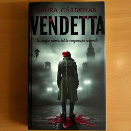 A dark and mysterious book cover for the title 'VENDETTA: la sangre clama, pero la venganza responde' by Laura Cárdenas