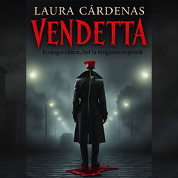 A dark and mysterious book cover for the title 'VENDETTA: la sangre clama, pero la venganza responde' by Laura Cárdenas