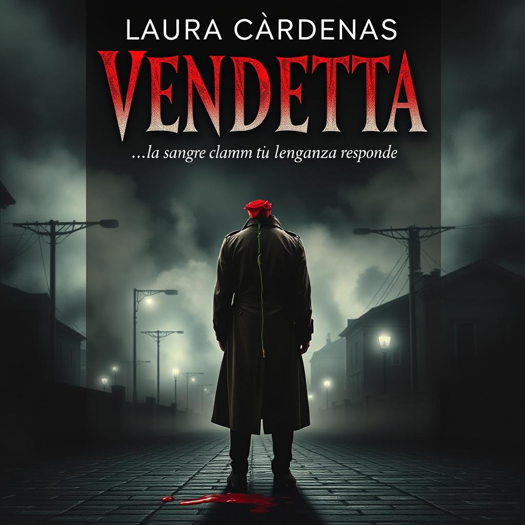 A dark and mysterious book cover for the title 'VENDETTA: la sangre clama, pero la venganza responde' by Laura Cárdenas