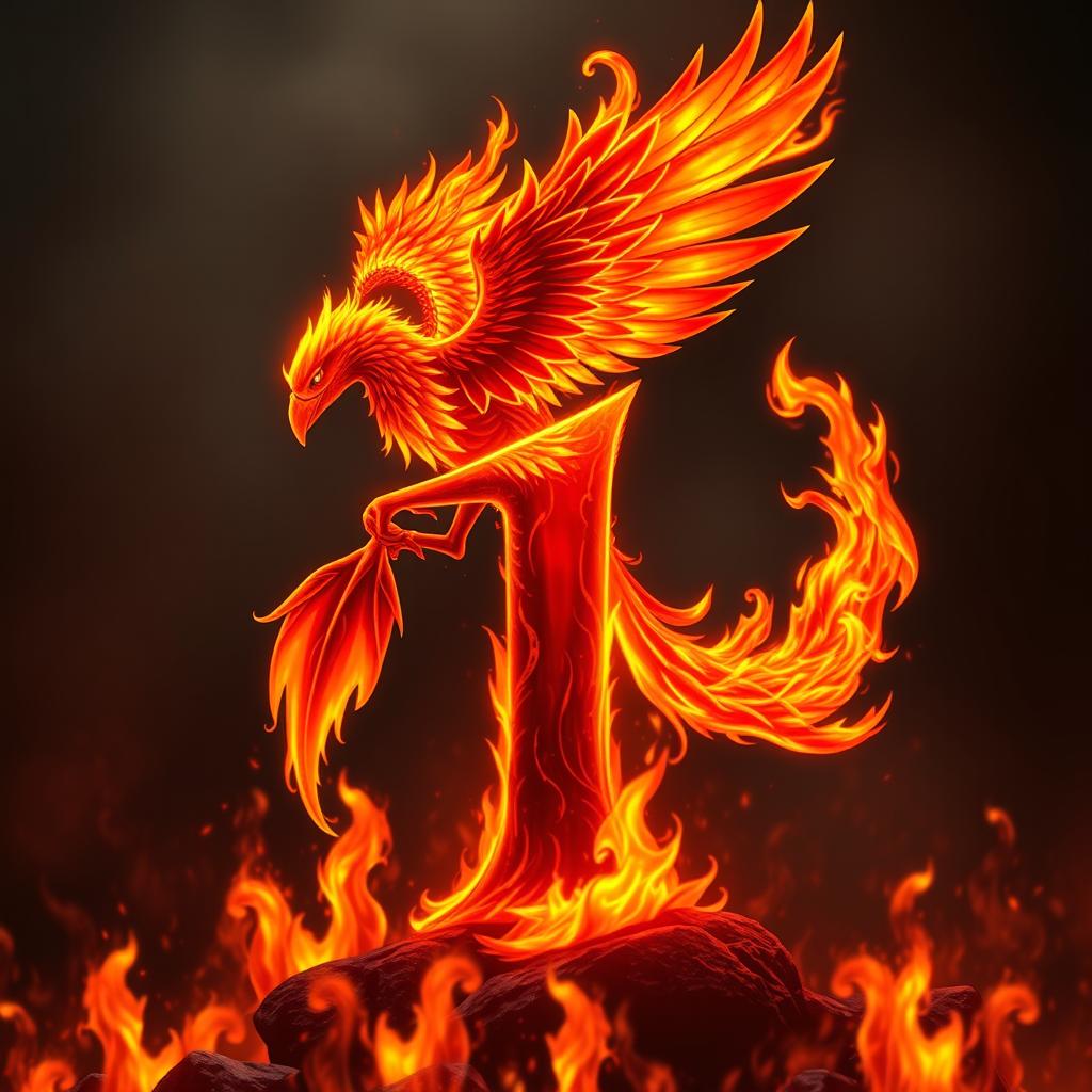 A legendary fiery bird, resplendent and mythical, serving as the guardian of the number 1, set against a backdrop of intense flames