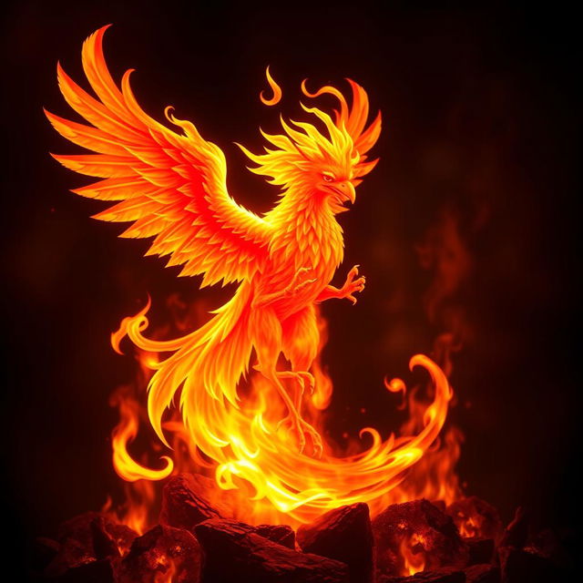 A legendary fiery bird, resplendent and mythical, serving as the guardian of the number 1, set against a backdrop of intense flames
