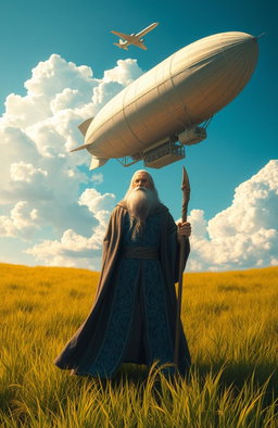 A fantasy mage with a flowing robe decorated with intricate patterns stands in the middle of a lush green grassland