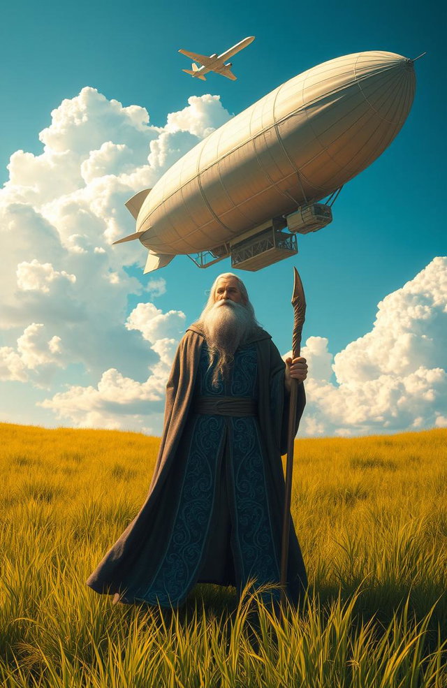 A fantasy mage with a flowing robe decorated with intricate patterns stands in the middle of a lush green grassland