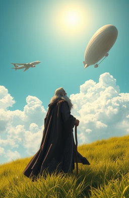 A fantasy mage with a flowing robe decorated with intricate patterns stands in the middle of a lush green grassland