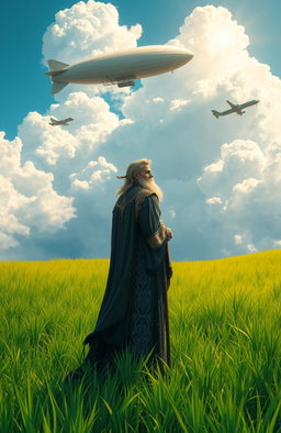 A fantasy mage with a flowing robe decorated with intricate patterns stands in the middle of a lush green grassland
