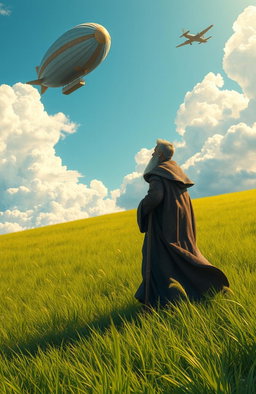 A fantasy mage with a flowing robe decorated with intricate patterns stands in the middle of a lush green grassland